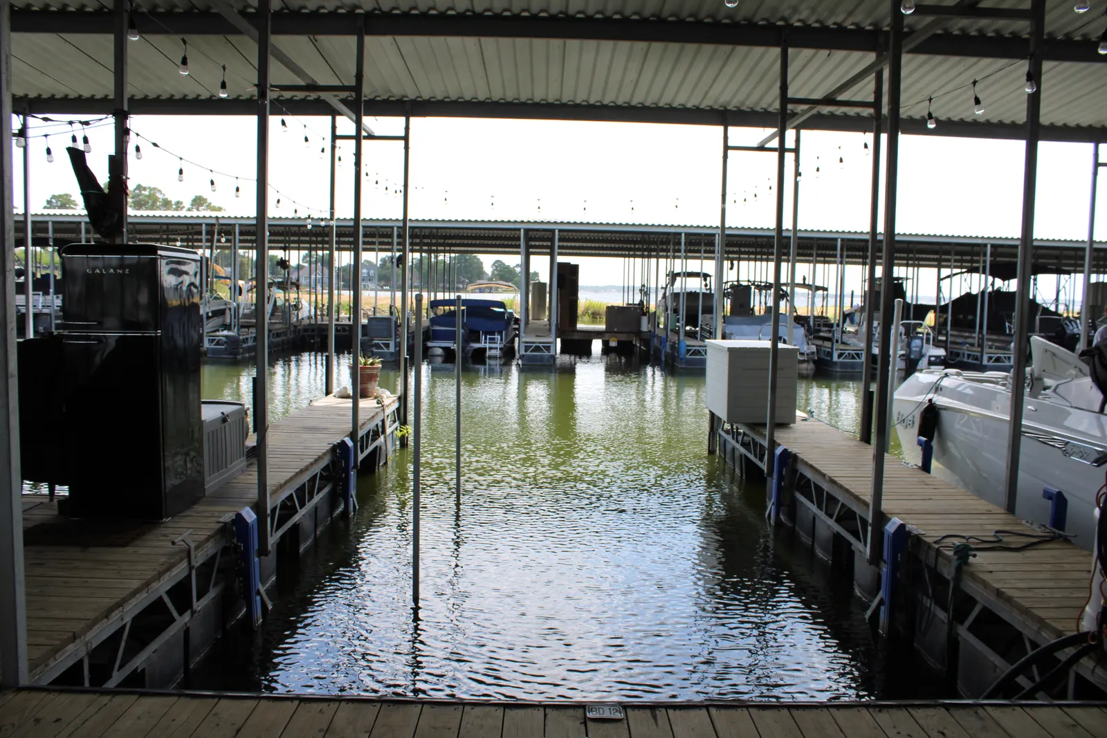The covered slips and walkway of B Dock
